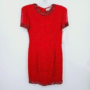 AJ Bari VTG Beaded Party Dress 8 Red New Old Stock Deadstock Retro 80s Cocktail